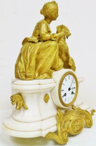 Antique French 8 Day White Marble & Gilt Metal Figural Mantel Clock 3