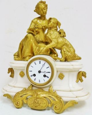 Antique French 8 Day White Marble & Gilt Metal Figural Mantel Clock 4