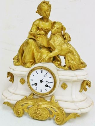 Antique French 8 Day White Marble & Gilt Metal Figural Mantel Clock 5