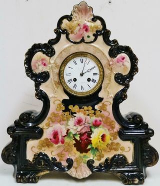 Antique French 8 Day Bell Striking Sevres Hand Painted Porcelain Mantel Clock