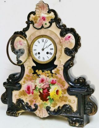 Antique French 8 Day Bell Striking Sevres Hand Painted Porcelain mantel Clock 8