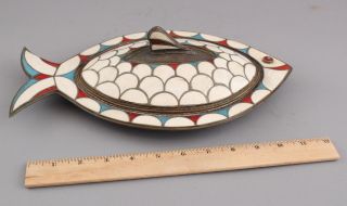 Vintage Mid - 20thc Mexican Hand Hammered Copper Inlaid Fish Dish