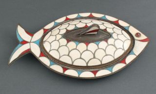 Vintage Mid - 20thc Mexican Hand Hammered Copper Inlaid Fish Dish 2