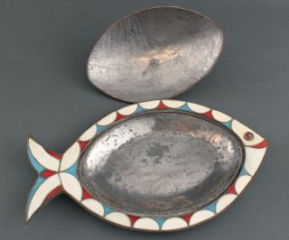 Vintage Mid - 20thc Mexican Hand Hammered Copper Inlaid Fish Dish 5