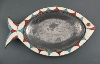 Vintage Mid - 20thc Mexican Hand Hammered Copper Inlaid Fish Dish 6