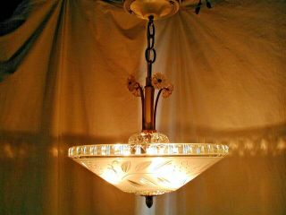 Gorgeous 40s Antique Art Deco Vtg Glass Shade Chandelier Light Fixture