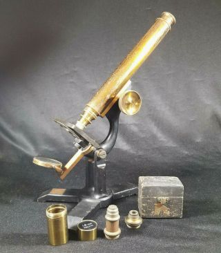 Antique Brass Microscope James W.  Queen,  3 Lens Late 1800s 19th Century