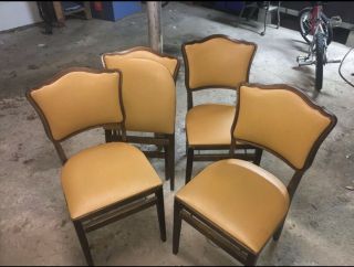 4 Vintage Mid Century Stakmore Wooden Vinyl Folding Chairs