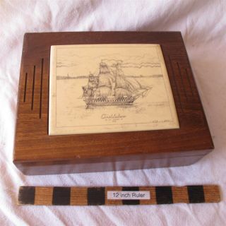 Vtg Scrimshaw Wood Box Constitution Frigate Ship Artek Foux