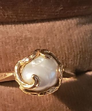 Mid Century Moder Baroque Pearl,  14 K Gold Ring,  Signed,  A In A Diamond