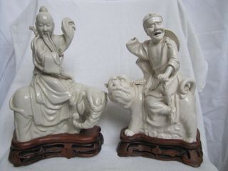 Vintage Chinese White Porcelain Monk Figurines On Wood Stands