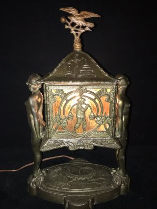 Antique Spelter & Amber Bronze (Nude Ladies) Lamp 2