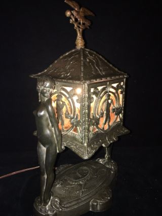 Antique Spelter & Amber Bronze (Nude Ladies) Lamp 4