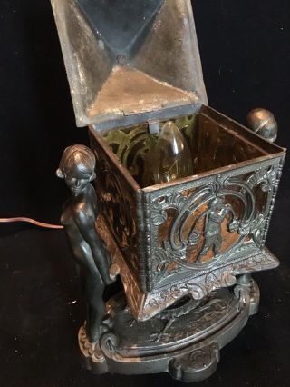 Antique Spelter & Amber Bronze (Nude Ladies) Lamp 7