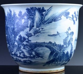 Exceptional Chinese Blue White Scenic Fish Bowl Planter Vase Qianlong Jiaqing
