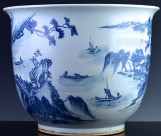 EXCEPTIONAL CHINESE BLUE WHITE SCENIC FISH BOWL PLANTER VASE QIANLONG JIAQING 2