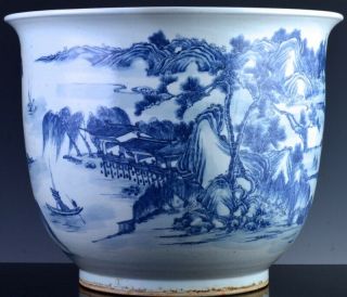 EXCEPTIONAL CHINESE BLUE WHITE SCENIC FISH BOWL PLANTER VASE QIANLONG JIAQING 3