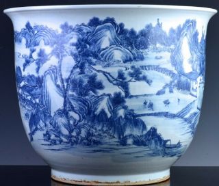 EXCEPTIONAL CHINESE BLUE WHITE SCENIC FISH BOWL PLANTER VASE QIANLONG JIAQING 4