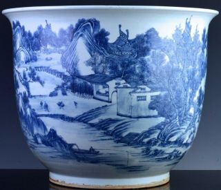 EXCEPTIONAL CHINESE BLUE WHITE SCENIC FISH BOWL PLANTER VASE QIANLONG JIAQING 5