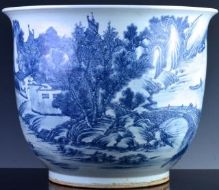 EXCEPTIONAL CHINESE BLUE WHITE SCENIC FISH BOWL PLANTER VASE QIANLONG JIAQING 6