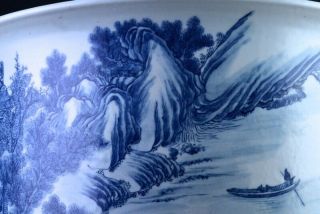 EXCEPTIONAL CHINESE BLUE WHITE SCENIC FISH BOWL PLANTER VASE QIANLONG JIAQING 8
