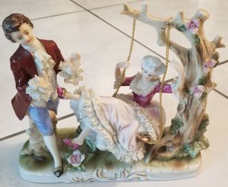 Vintage Victorian Couple On Swing Porcelain Statue Made In Japan 1970 