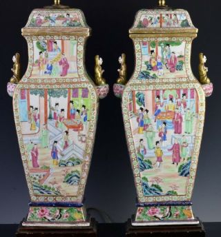 Large Pair C1800 Chinese Jiaqing Famille Rose Imperial Figures Scenic Vase Lamps