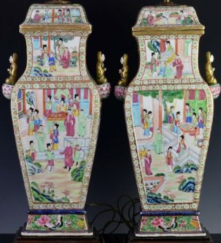 LARGE PAIR c1800 CHINESE JIAQING FAMILLE ROSE IMPERIAL FIGURES SCENIC VASE LAMPS 3