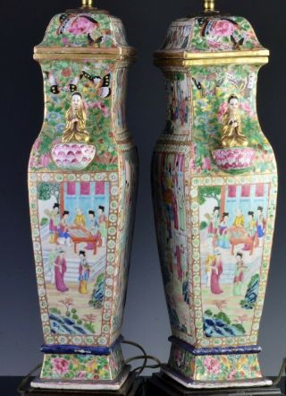 LARGE PAIR c1800 CHINESE JIAQING FAMILLE ROSE IMPERIAL FIGURES SCENIC VASE LAMPS 4