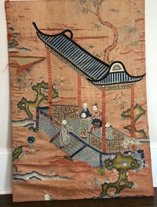 Antique Large 40 " Tall Chinese Figural Men Hand Embroidered Silk Panel Tapestry