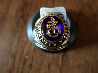 U.  S Navy Military Gold 18k Electroplate Ring Sapphire Crystal U.  S Made Size 12