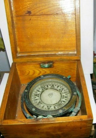 Antique Ships Floating Compasses With Wood Box Saura Toyko,  Japan Brass 5 "