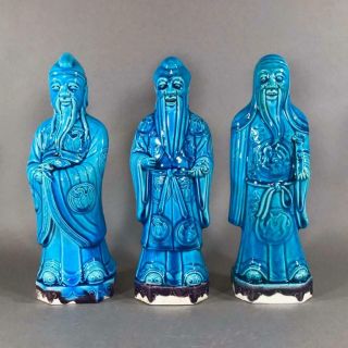 Antique Chinese Turquoise - Glazed Porcelain Figures Of Sanxing,  Fu,  Lu,  & Shou
