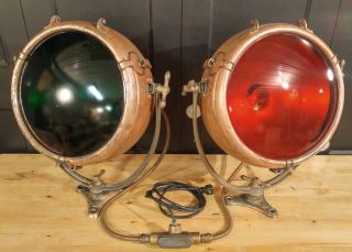 Two Large Vintage 1930 Copper Nautical Ship Navigation Lights Ge Novalux