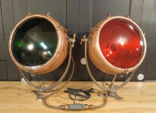Two Large Vintage 1930 Copper Nautical Ship Navigation Lights GE Novalux 3