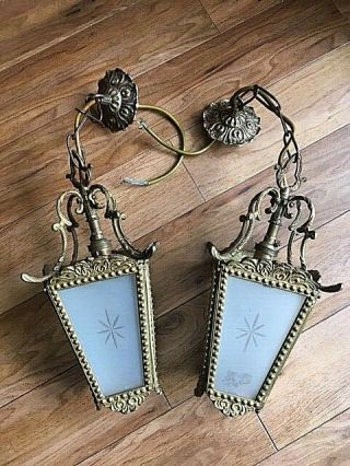 A Vintage French Gilt Metal Lanterns With Glass Panels Ceiling Lanterns
