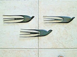 Mid Century Modern Teak Wood Trio Of Swallows In Flight Sleek & Stunning