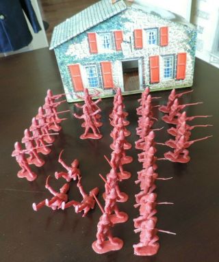 1960s Marx Revolutionary War Sons Of Liberty Tin Building & 35 Red Coat Soldiers