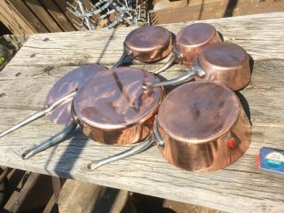 Set 5 Saute Pan Copper Vintage Antique Tin Lined Made France Lejeune Dehillerin