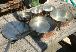 set 5 saute pan copper vintage antique tin lined made france lejeune dehillerin 2