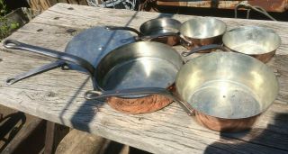 set 5 saute pan copper vintage antique tin lined made france lejeune dehillerin 3