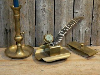 Antique Primitive Brass Desk Set Push - Up Candlestick Inkwell Blotter Feather Pen