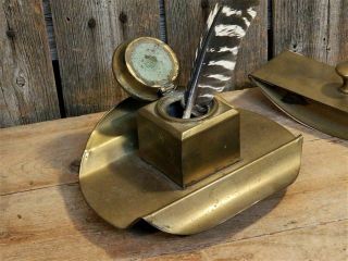Antique Primitive Brass Desk Set Push - Up Candlestick Inkwell Blotter Feather Pen 2