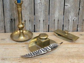 Antique Primitive Brass Desk Set Push - Up Candlestick Inkwell Blotter Feather Pen 6