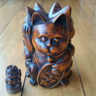 Japanese Wooden Three Sides Manekineko Lucky Cat Kitten Rare Japan