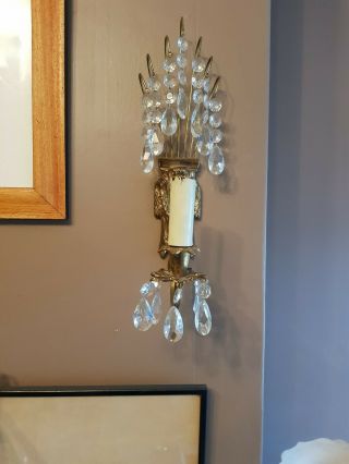 Vintage French ? Brass Wall Light Sconces Cut Glass Droplets,  Ornate,