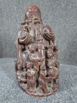 Antique 19c.  Chinese Carved Wood Statue Of Wise Man Or Scholar,  Bamboo