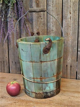 Aafa Antique Primitive Blue Green Teal Wooden Bucket Bail Handle Barn Find
