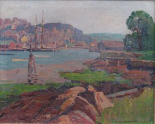 Large Antique CARL H NORDSTROM Gloucester Harbor Mass Impressionist Oil Painting 3