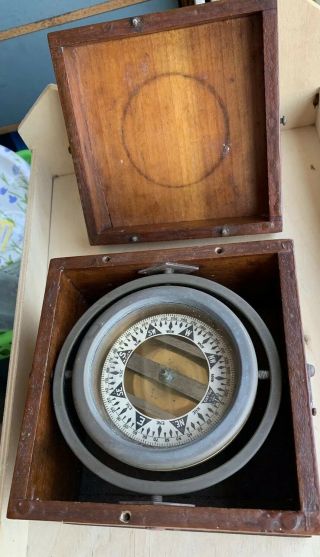 Estate Antique Polaris Mc Co.  Maritime Ships Compass W/ Orig Mahogany Wooden Box